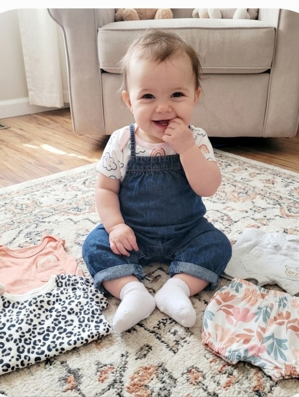 GAP Denim Overalls with Peach Top and Floral Shorts